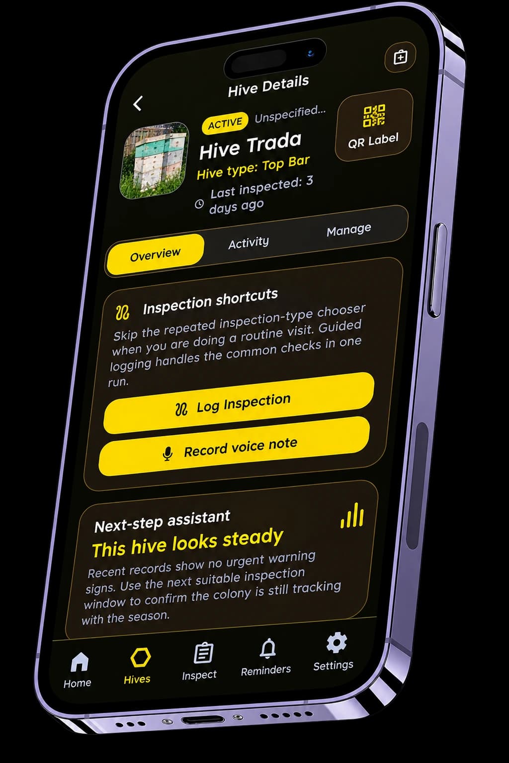 TerraAurelium hive details screen with inspection shortcuts and colony guidance